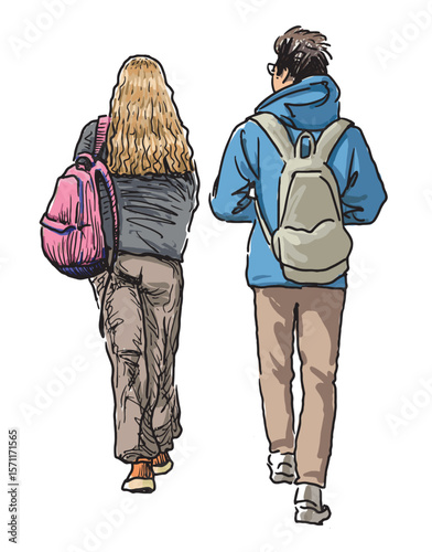Couple casual young city dwellers, pedestrians with backpacks walking outdoors, back view, realistic sketch, vector illustration isolated on white background
