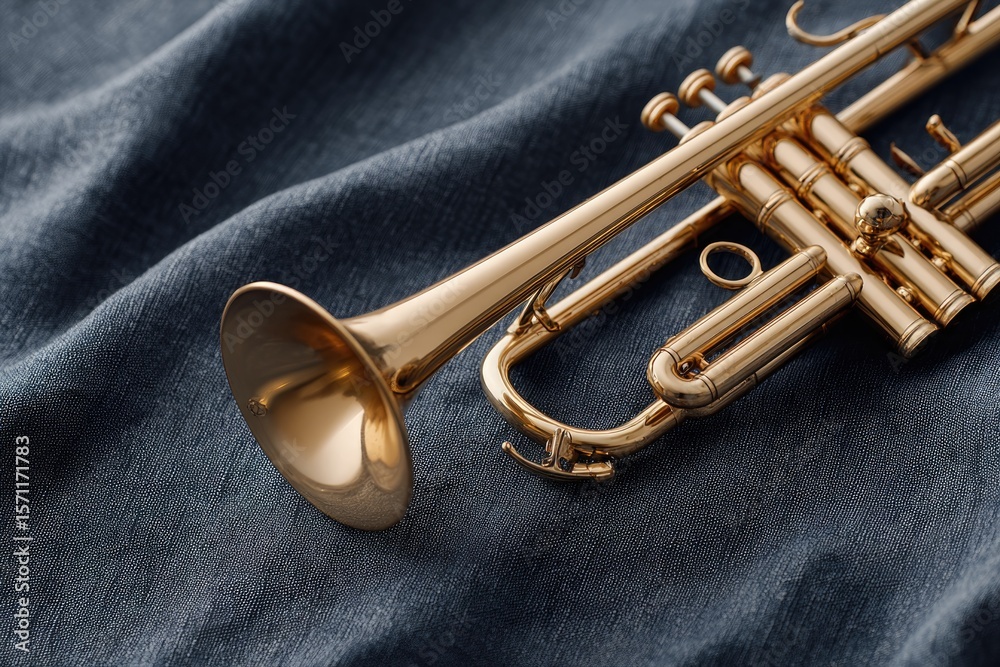 Obraz premium Shiny brass trumpet rests elegantly on textured fabric, highligh