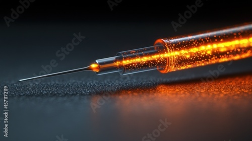 Close-up glowing syringe, dark background