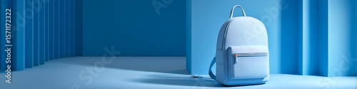 A light blue backpack with a small pocket in a matching blue studio setting