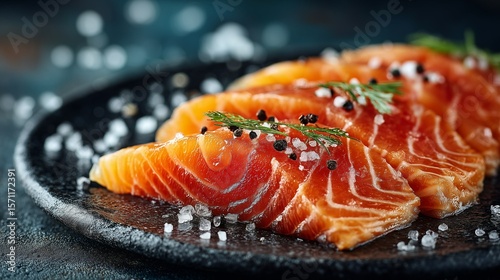 Sliced Salted Raw Trout with Dill, Black Pepper, and Sea Salt on Black Plate
