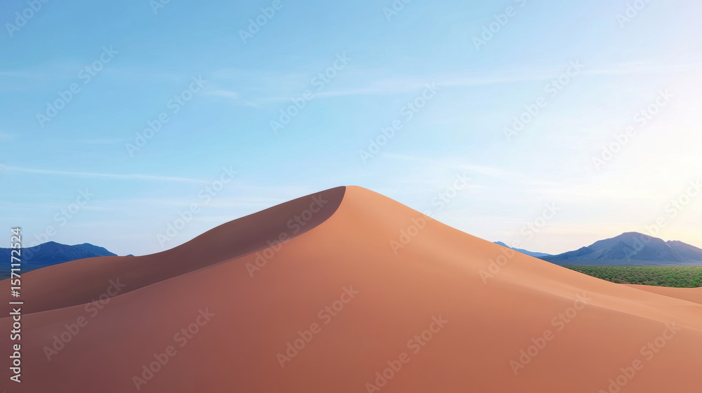 Serene desert landscape featuring smooth sand dune under clear blue sky, with distant mountains and sparse greenery in background Serene desert landscape featuring smooth sand dune under clear blue sky, with distant mountains and sparse greenery in background