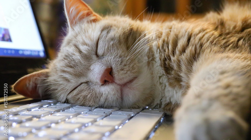 A light orange tabby cat is sleeping on a laptop keyboard with a laptop behind it
