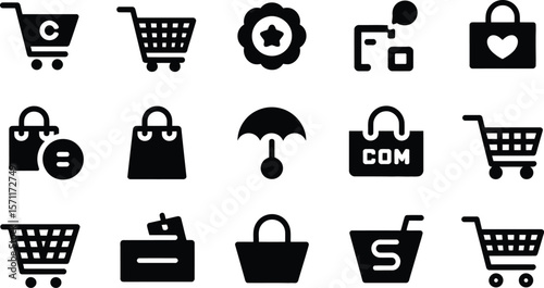 A collection of fifteen shopping related icons in black on a white background