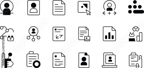 A collection of business and management icons in black and white outline style