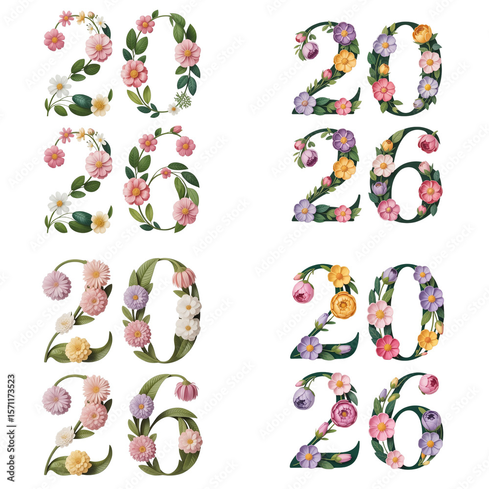 Obraz premium Floral numbers 2026 with decorative flowers and leaves design