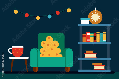 Interior With Christmas Lights On Bookshelves Arbor
