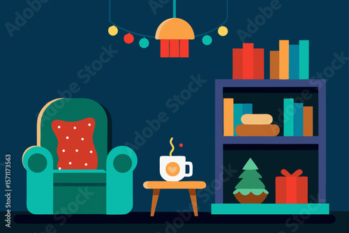 Interior With Christmas Lights On Bookshelves Arbor