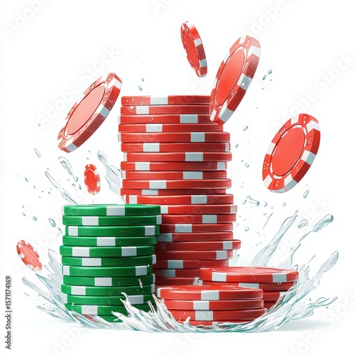 Colorful Casino Chips Splashing in Water with Dynamic Action Elements Capturing Excitement and Fun of Gambling Experience