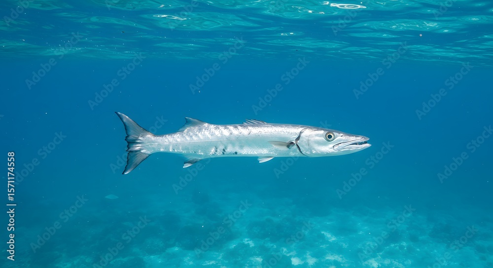 Fototapeta premium Majestic Barracuda Fish Gliding Through Clear Blue Tropical Ocean Water