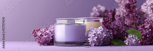 Two glass jars with contents and lilac flowers on a purple background display shot