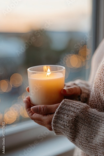 Warm candlelight glows softly, creating cozy atmosphere by windo