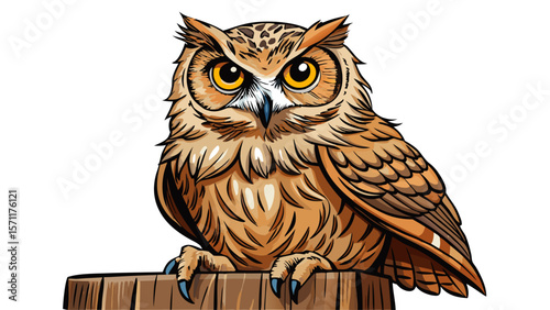 A close up of a european eagle owl perched on a post and staring forward. Taken against a dark background the eyes are penetrating the viewer