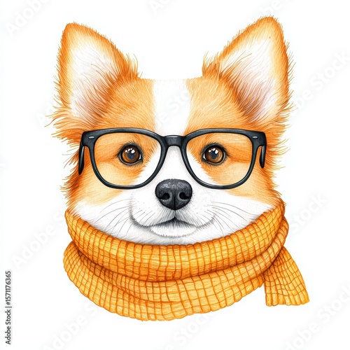 Adorable illustrated dog with glasses and scarf, perfect for autumn themes and pet lover designs