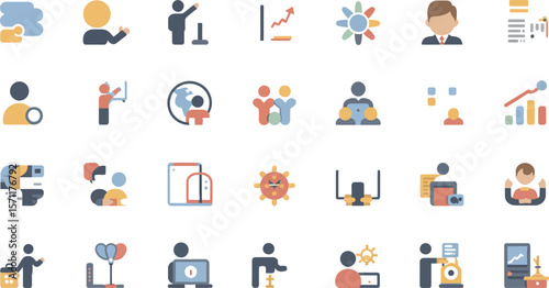 Diverse icons illustrating business concepts, teamwork, and communication