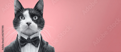 A tuxedo cat posing in front of a pink background with a bow tie and suit jacket
