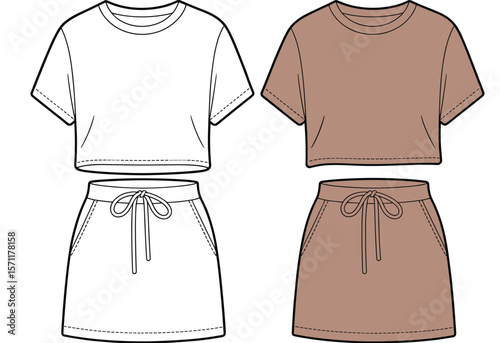 Women's Casual Co-ord Set Flat Fashion Sketch, Cropped T-Shirt and Drawstring Mini Skirt Template, Trendy Summer Apparel Design for Everyday Wear and Loungewear, Vector Illustration.