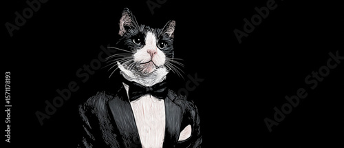 Illustration of a tuxedo cat with a bow tie on a black background in portrait