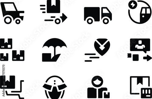 Black delivery icons set for secure shipping