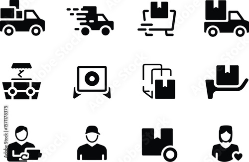 Black delivery icons for ecommerce and logistics