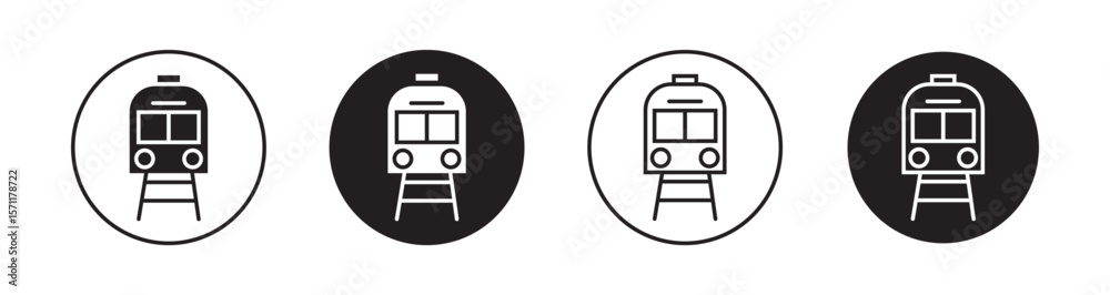 Fototapeta premium Train icons in black and blue set. Minimalist train front view icon in black outline on white background