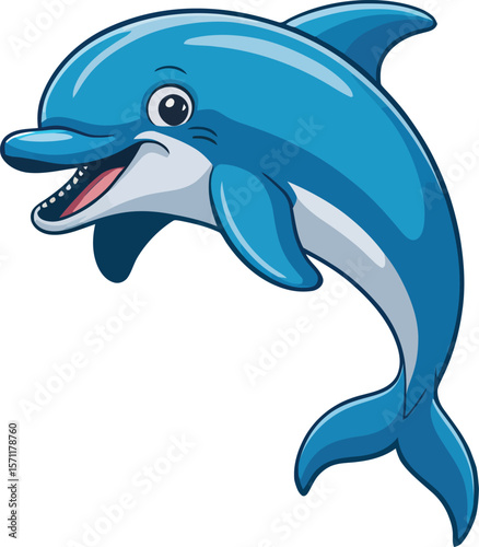 Happy cartoon blue dolphin jumping and smiling with open mouth and teeth