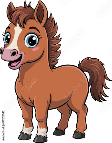 Cute cartoon brown horse with a white blaze on its face and blue eyes