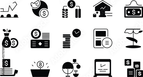 A set of icons representing various aspects of finance and business