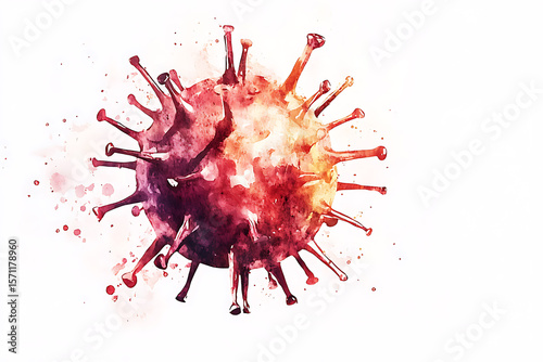 Watercolor rendering of a virus particle with spikes on a white background