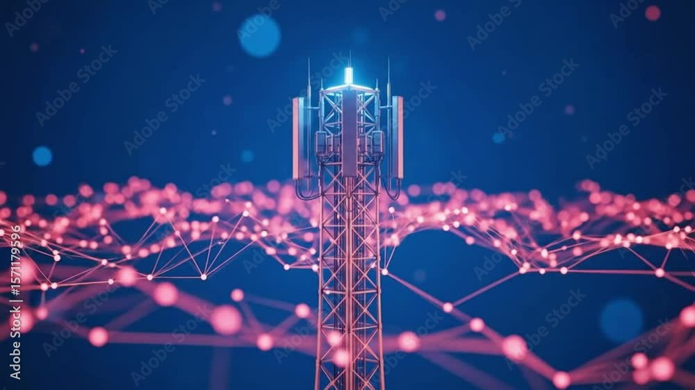 A telecommunication tower stands tall amidst a network of digital connections, symbolizing modern wireless technology and global communication infrastructure