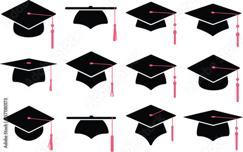 Collection of black graduation caps with pink tassels 
