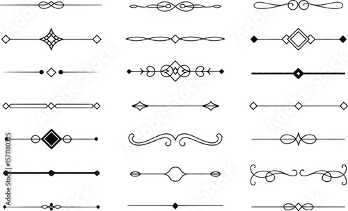 Collection of elegant black decorative line dividers and ornaments on a white background