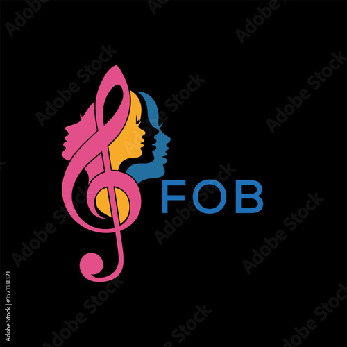 FOB "Colorful Female Silhouettes with Treble Clef Music Symbol on Black Background – FOB Later Logo, Empowerment, Diversity & Art Concept"
