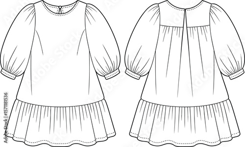 Children's long-sleeve ruffle dress flat sketch: adorable kid's fashion illustration, versatile clothing design, comfortable infant apparel, stylish toddler wear, casual chic outfit, cute .