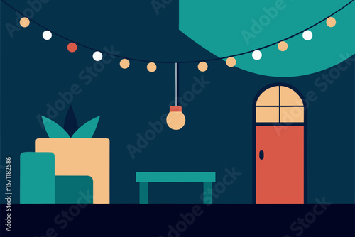 Modern Apartment Scene With String Lights And Soft Glow