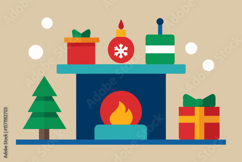 Clean Flat Illustration Of Christmas Decor On Fireplace
