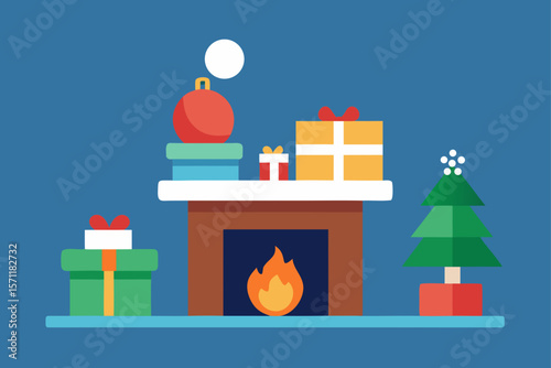 Clean Flat Illustration Of Christmas Decor On Fireplace