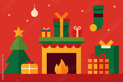Christmas Themed Wallpaper Showing Fireplace And Tree