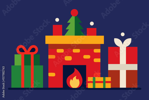 Christmas Themed Wallpaper Showing Fireplace And Tree