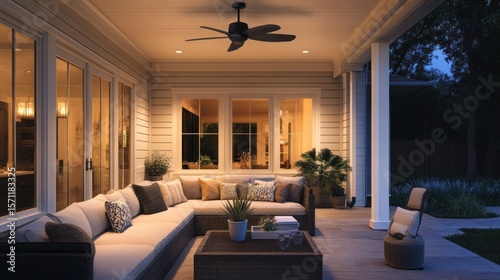 Evening patio with sectional sofa, ceiling fan, and porch lighting