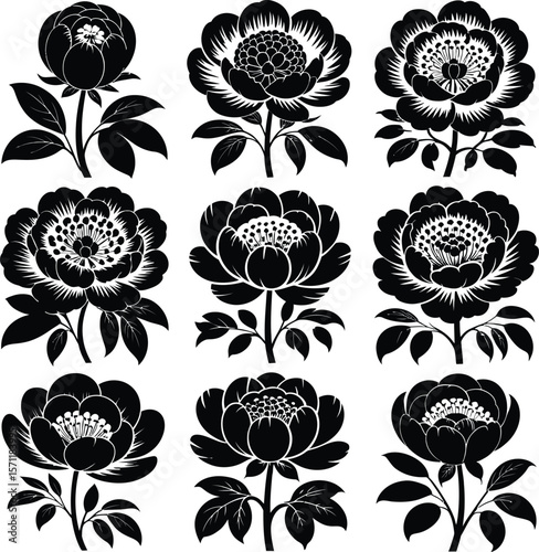 Collection of nine black peony flower silhouettes with leaves