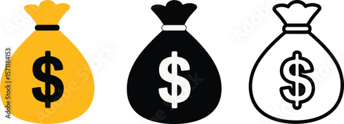 Three stylized money bags with dollar signs in yellow black and outline versions