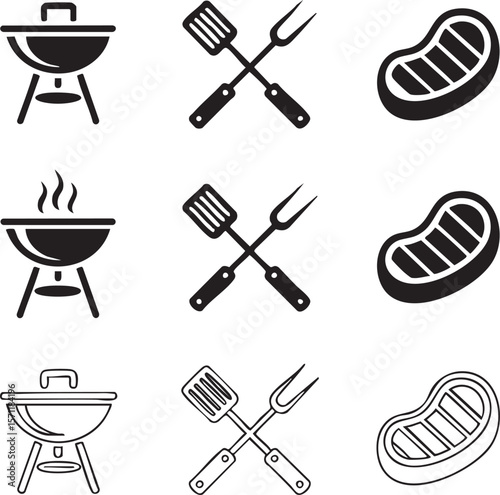 Barbecue grill icon set with steaks spatulas and forks minimalist black and white bbq elements