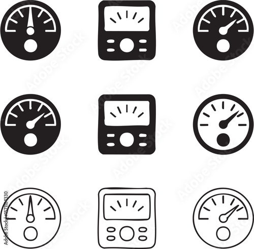 Black and white analog instrument vector icon set representing measurement technology and engineering principles for dashboard designs