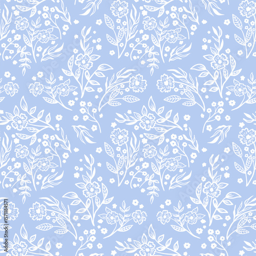 Damask floral hand drawn seamless pattern. simple meadow flower botanical texture for rustic textile