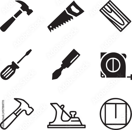 Black and white carpentry hand tools icon set vector depicting hammer saw screwdriver chisel tape measure smoothing plane wood and window symbol