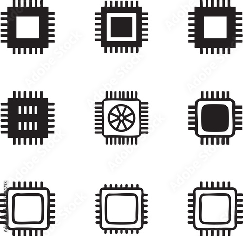 Black and white central processing unit icon set representing modern computer technology in a clean minimalist design