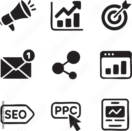 Black and white digital marketing and seo icon set graphic elements essential for online business development and growth