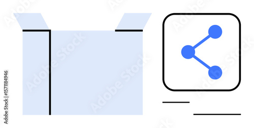 Open box alongside connected dots denoting sharing network and interaction. Ideal for logistics, ecommerce, delivery service, app development, social media, communication, simple landing page