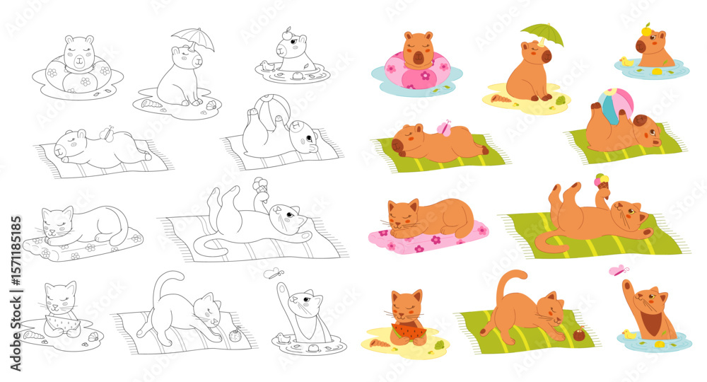 Fototapeta premium 9.Large set with cute cats and capybaras on the beach